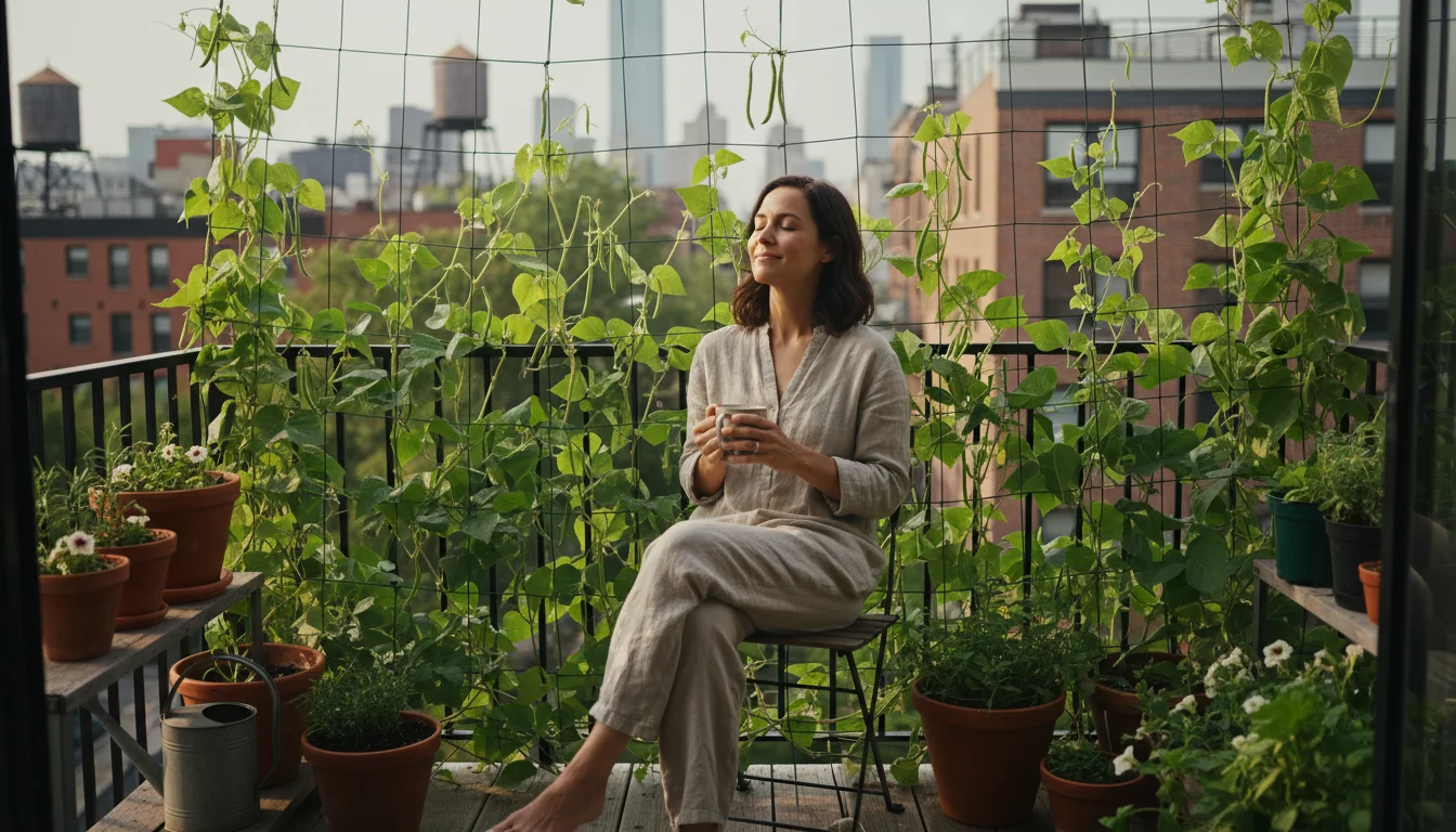 A woman sits on a small urban balcony, framed by lush pole bean vines growing on a vertical trellis, partially obscuring the city view.