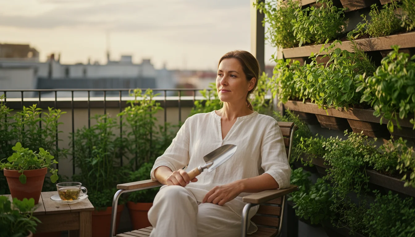 A woman sits thoughtfully on a balcony chair, holding a small trowel and looking at a vertical herb garden, bathed in dappled morning light.