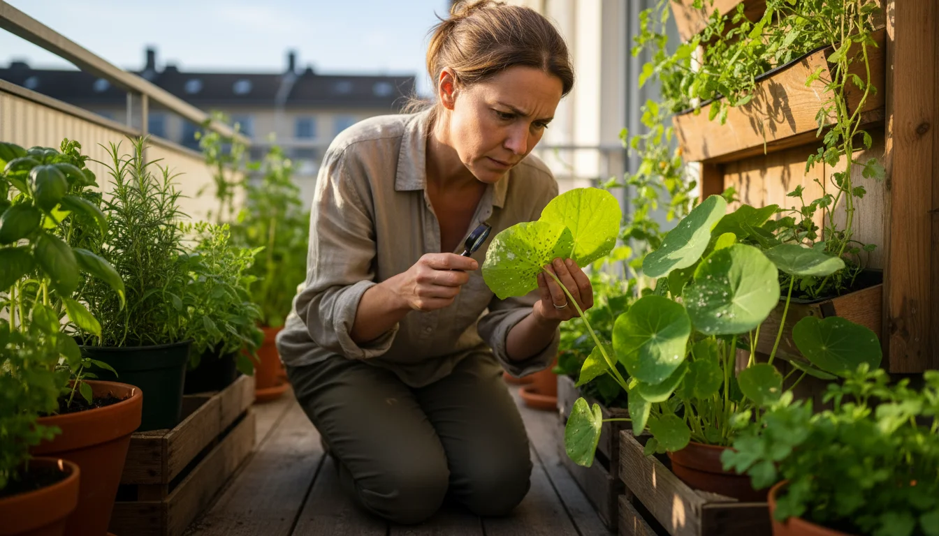 Woman on a small balcony closely inspecting a nasturtium leaf for early signs of pests or disease.