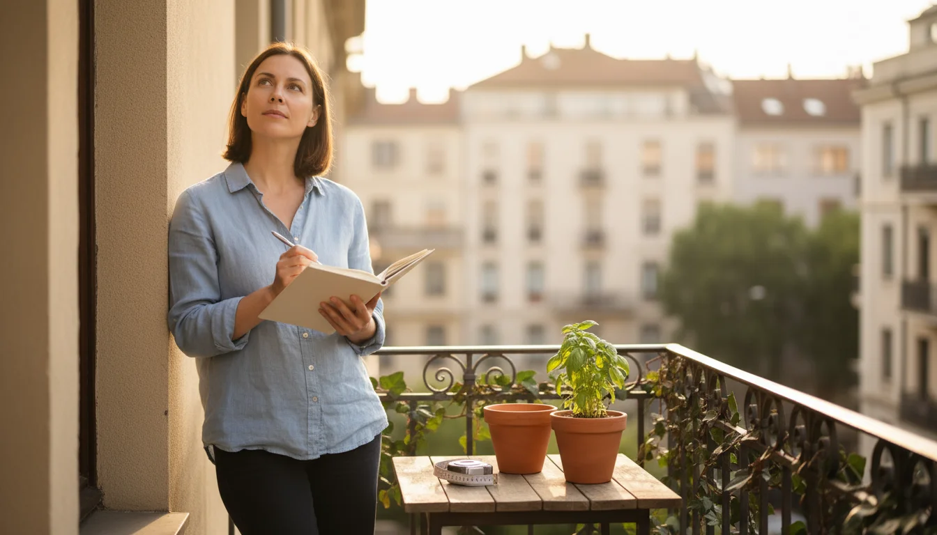 Woman on a small balcony with a notebook and pen, assessing sun exposure and vertical space, planning a garden.