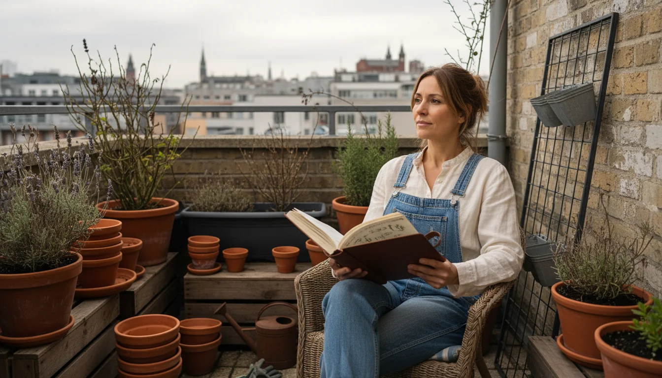 Woman on a small balcony reviews her handwritten garden journal, surrounded by neatly arranged empty pots and dormant plants.