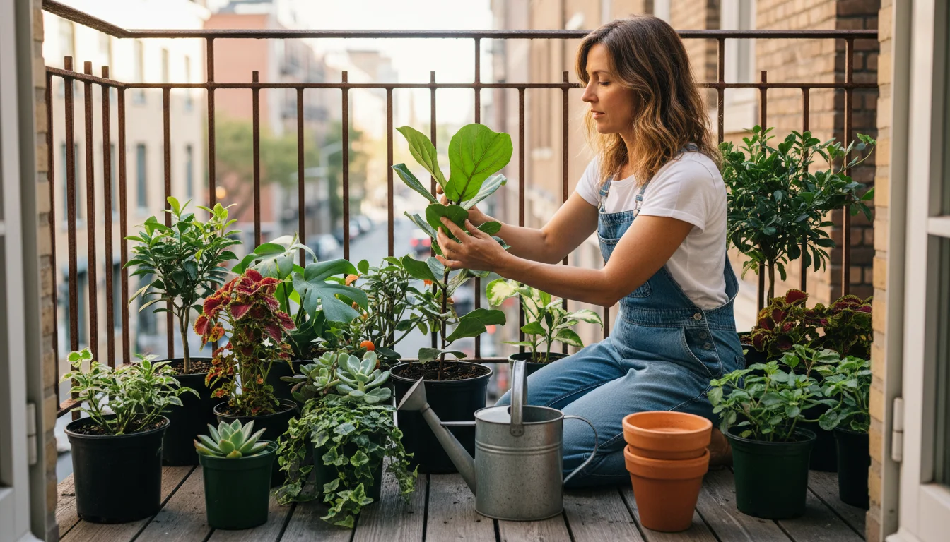 A woman on a small balcony surrounded by a delightful jumble of freshly bought plants in nursery pots, gently examining a leaf.