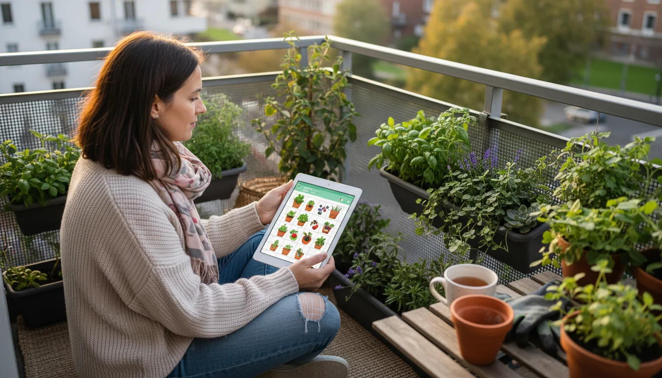 A woman on a small balcony uses a tablet with a garden planning app, glancing thoughtfully at empty pots and a planter.