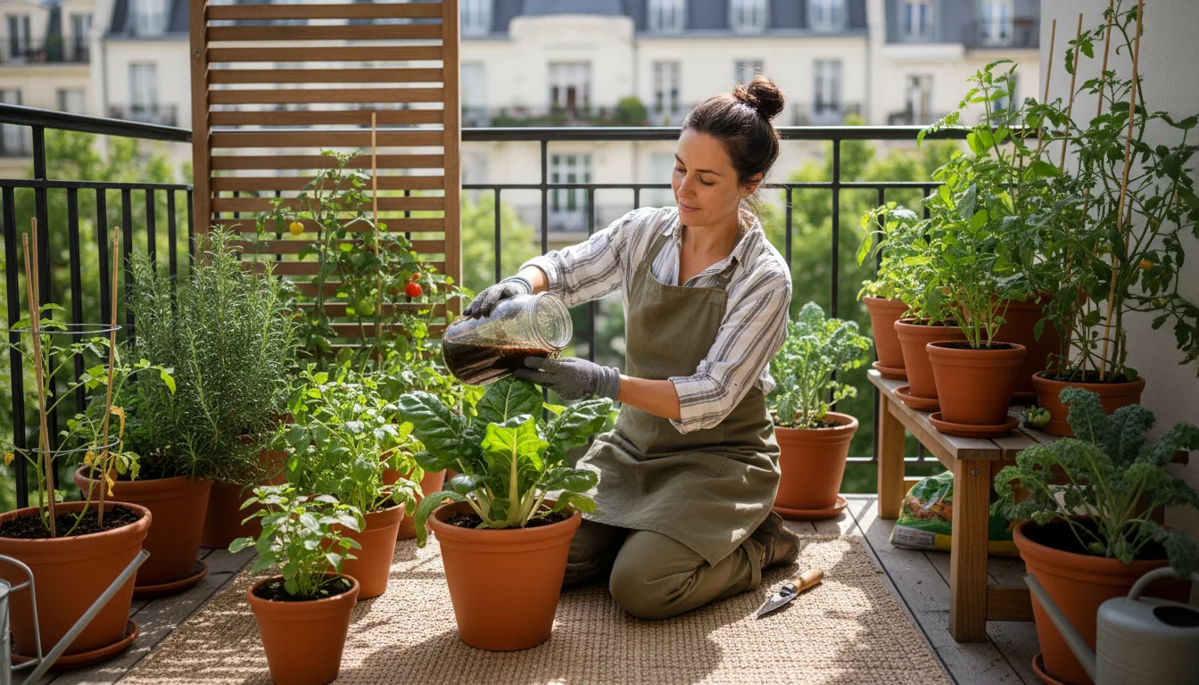 Woman on a small balcony watering a potted basil plant with nutrient-rich compost tea; a compact, stacked worm composting bin is visible in the backgr