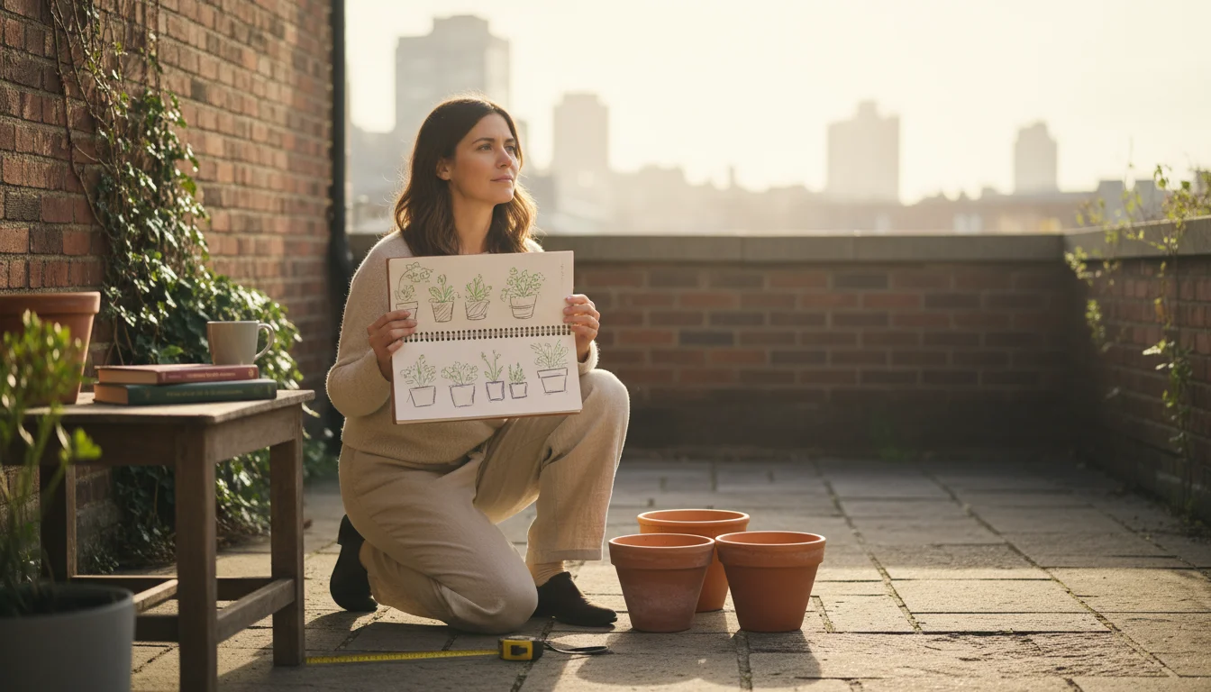 Woman on a small patio planning a water-wise container garden, sketching in a notebook, with empty pots and a tape measure nearby.