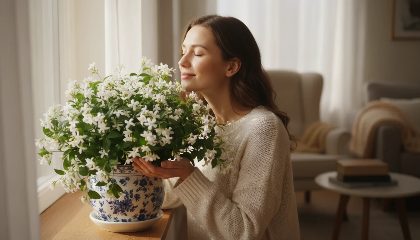 Woman gently smelling white-flowered jasmine in a patterned ceramic pot on a sunny windowsill.