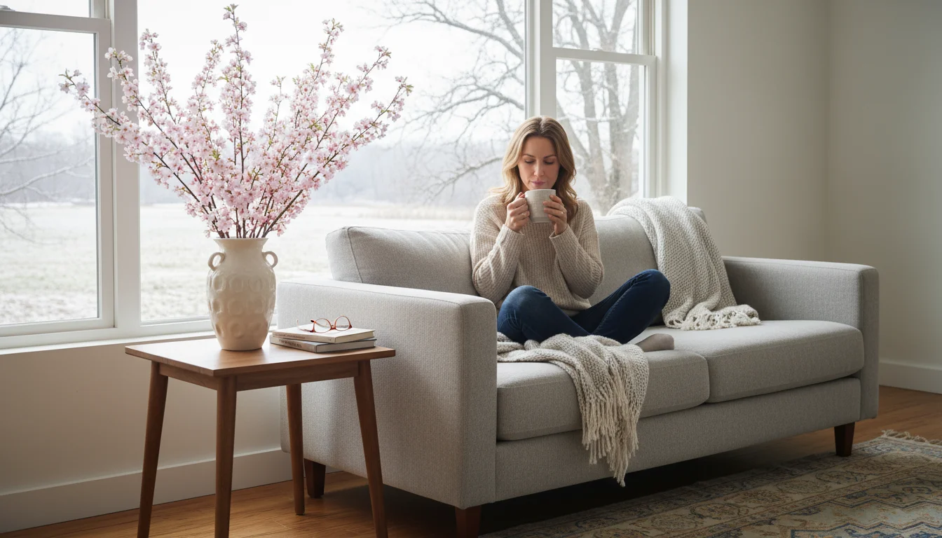 A woman smiles gazing at vibrant forced cherry blossom branches in a tall ceramic vase on a side table in a bright apartment living room.