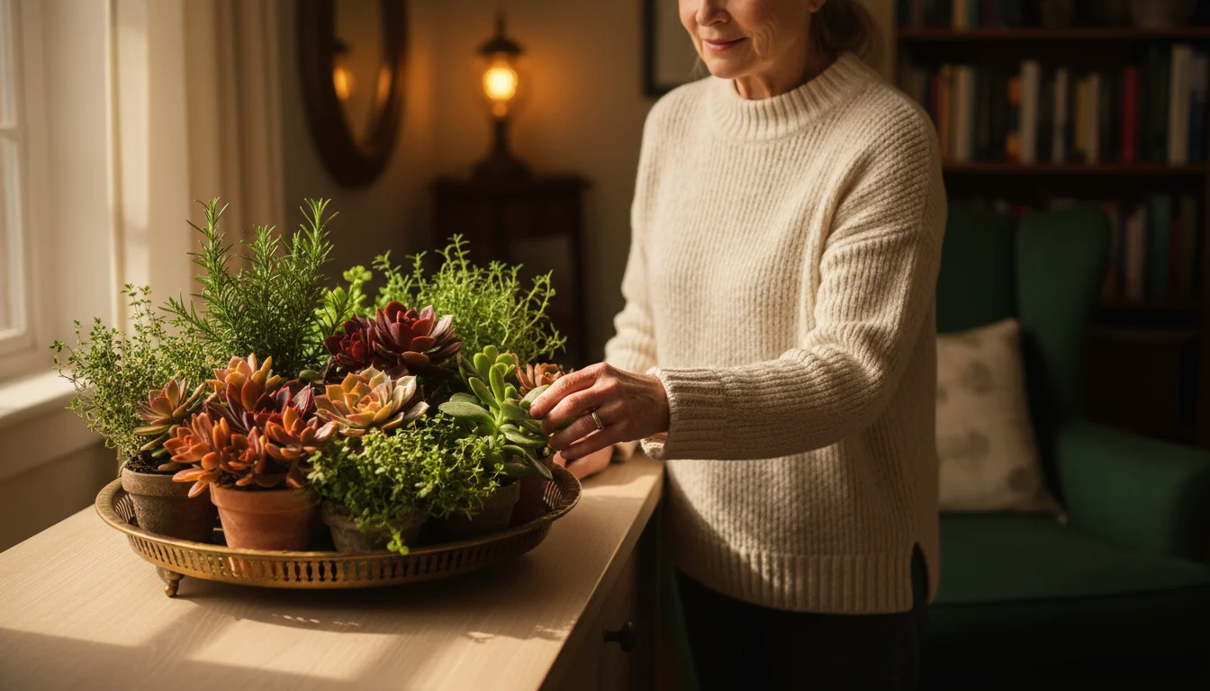 A woman in a soft sweater gently adjusts a succulent in an indoor fall herb and succulent centerpiece on a wooden table.