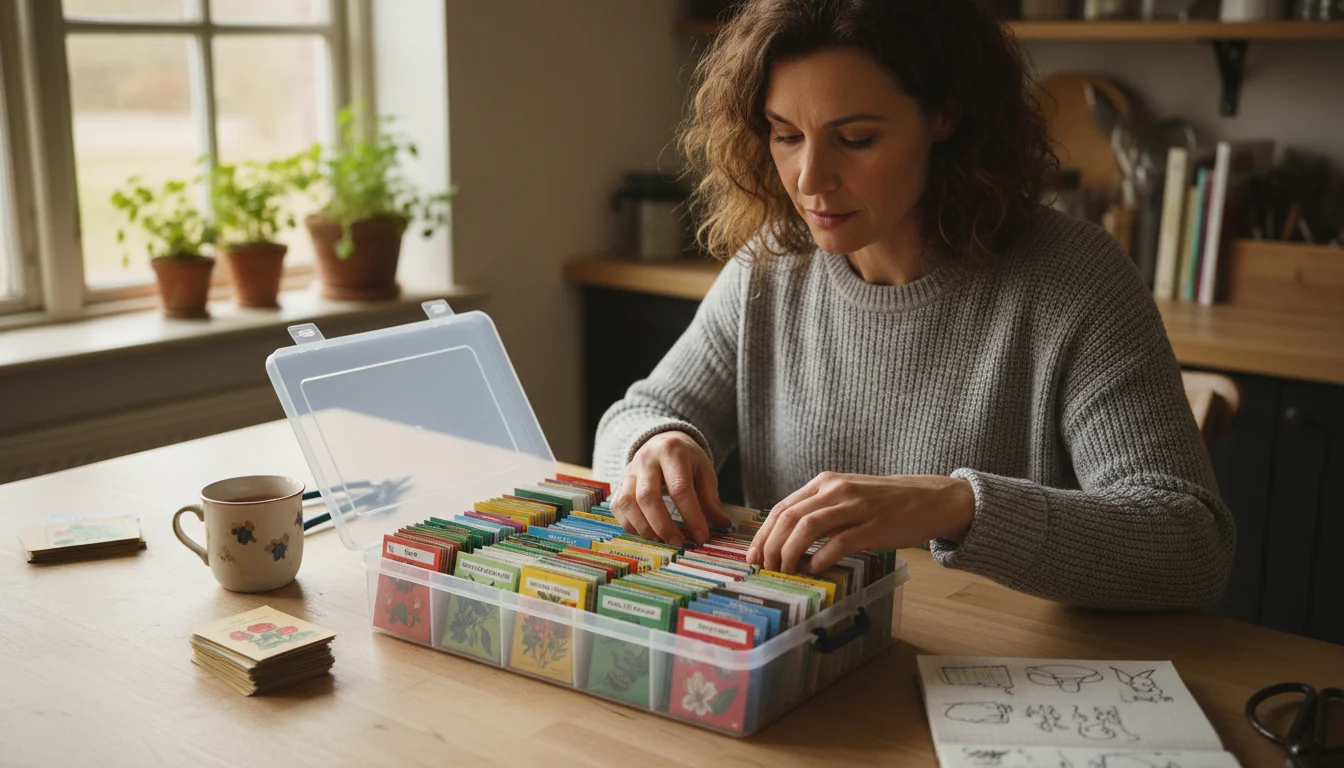 A woman sorts colorful seed packets into an open plastic photo storage box and a binder with clear sleeves on a light wood table.