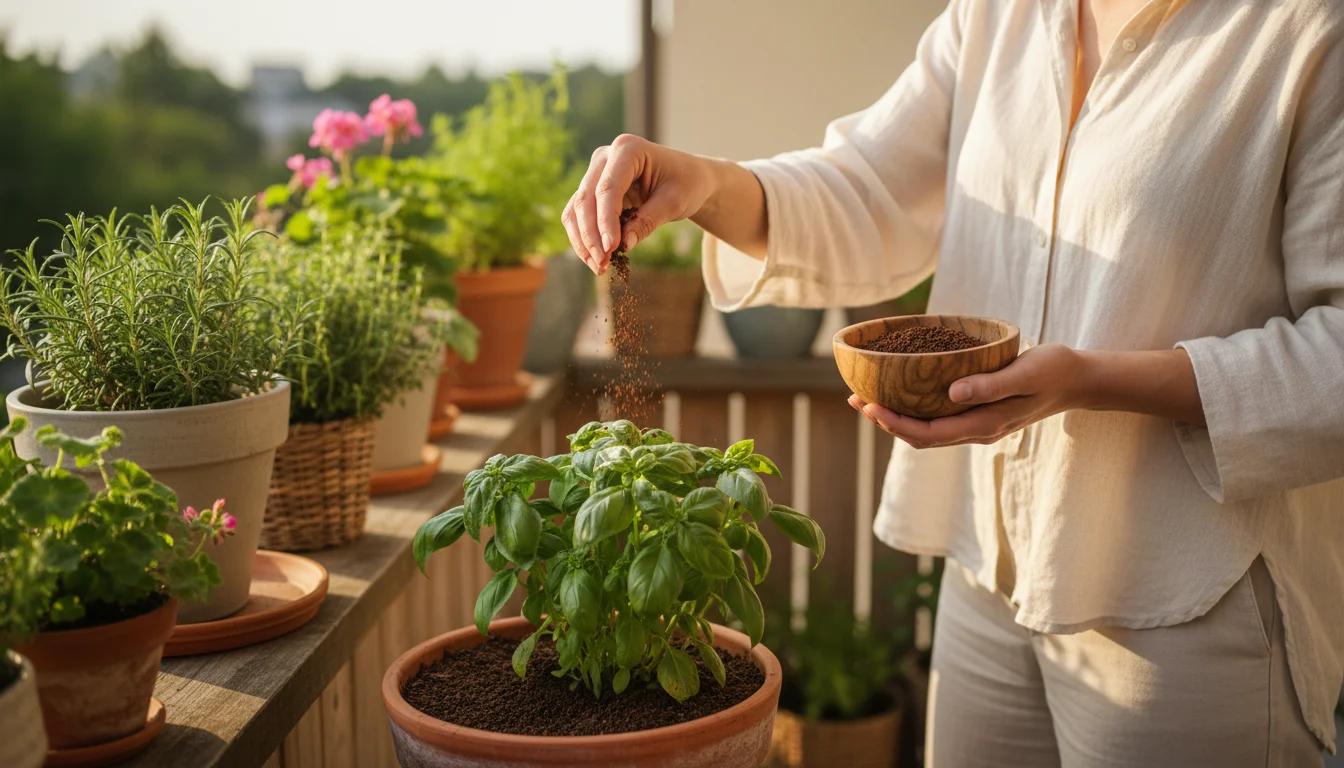A woman sprinkles dried coffee grounds from a wooden bowl around the base of a leafy basil plant in a terracotta pot on a sunlit balcony.