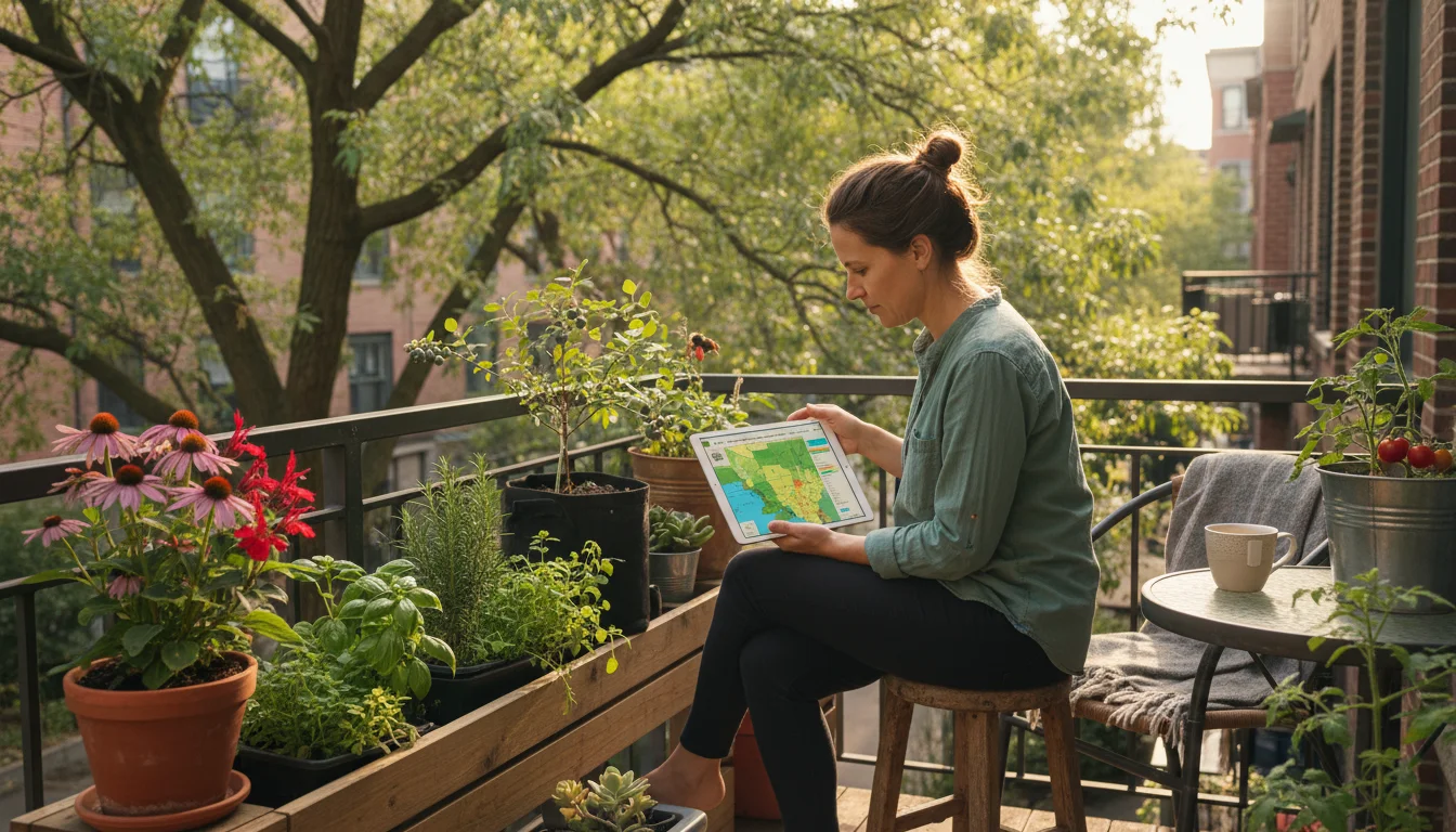 Woman on a sun-dappled balcony looking at a hardiness zone map on a tablet, surrounded by native container plants.