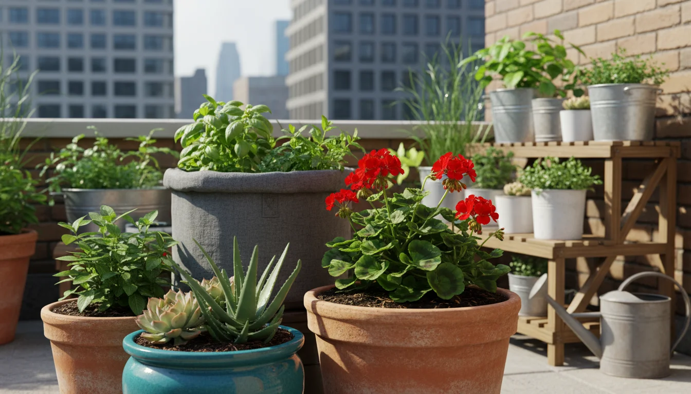Woman in sunhat observes diverse container garden on a sunny patio, with mulched terracotta, glazed, and fabric pots.