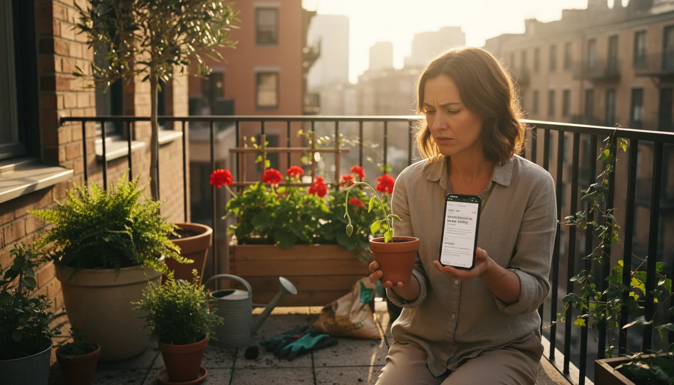 Woman on a sunny balcony thoughtfully examines a wilting plant cutting in a terracotta pot, holding a smartphone showing FAQs.