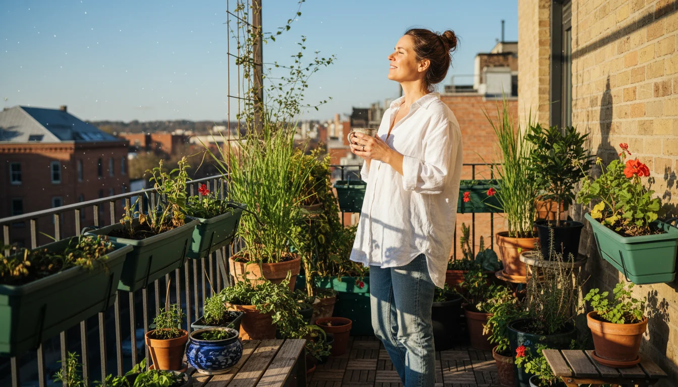 Woman on a sunny city balcony observing the intense late morning sun hitting her container plants, with distinct shadows on the concrete floor.