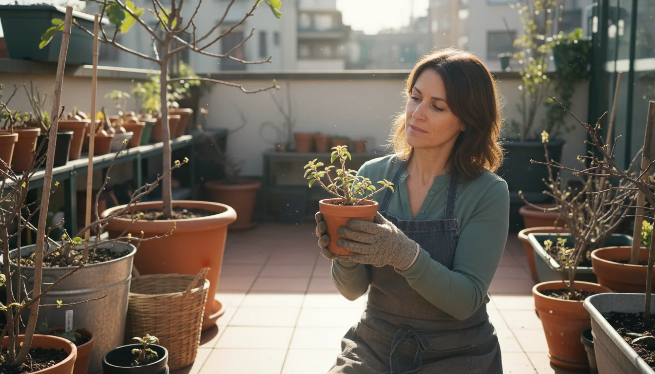 A woman on a sunny patio gently inspects a potted plant with subtle new growth, surrounded by other containers.