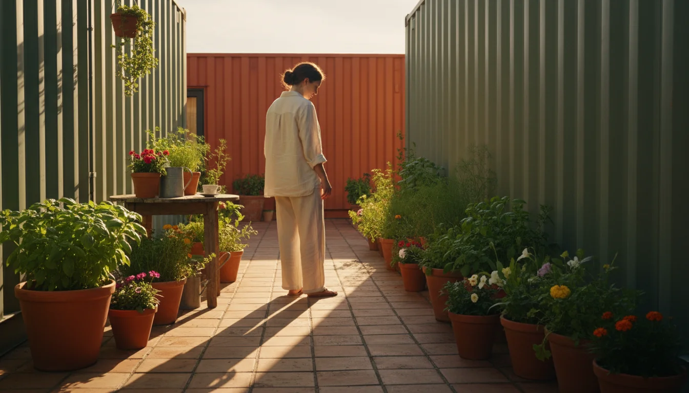 A woman on a sunny patio observes distinct light and shadow patterns on potted herbs and plants in late afternoon, mapping sunlight.
