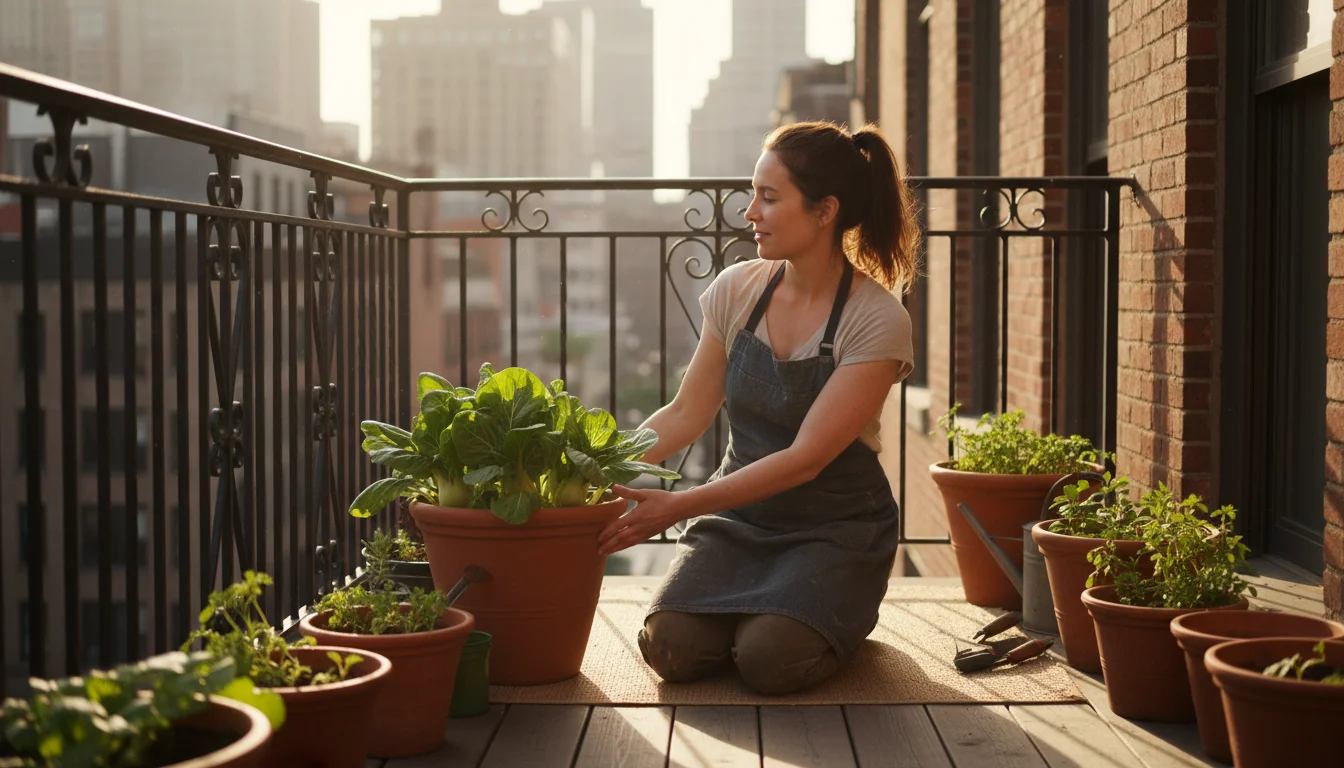 Woman on a sunny urban balcony adjusting a terracotta pot of pak choi to catch the late afternoon fall sun, with distinct shadows.