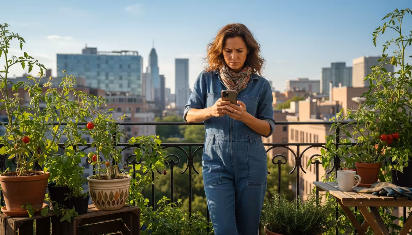 A woman on a sunny urban balcony reads gardening information on her smartphone, surrounded by thriving potted tomato plants.