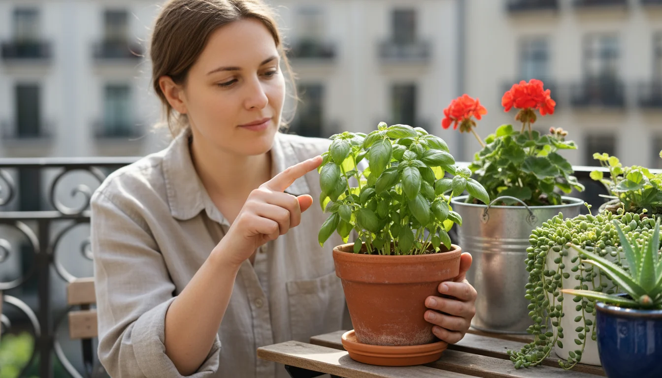 A woman on a sunny urban balcony gently touches a healthy, unfurling new leaf on a container basil plant, surrounded by other potted plants.