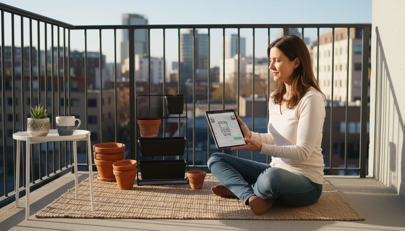 A woman on a sunny urban balcony uses a tablet showing a garden design app, glancing at her empty pots and railing to plan her space.
