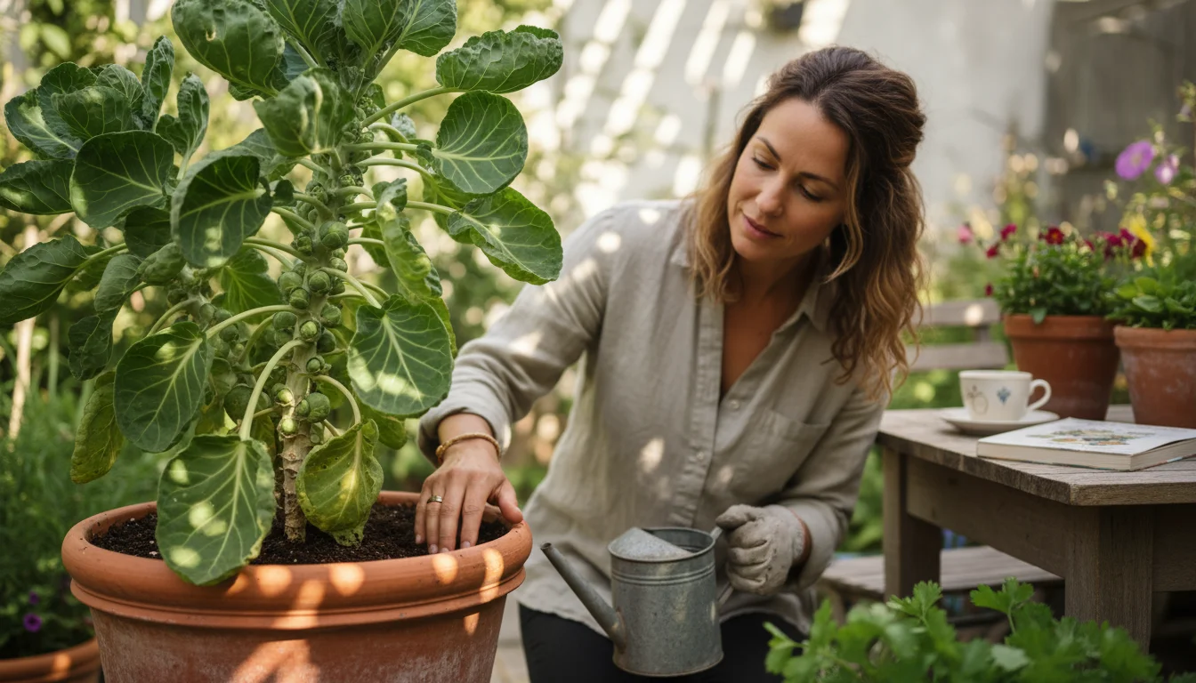 A woman gently tends to a healthy Brussels sprout plant in a terracotta pot on a sunny patio, with other container herbs nearby.