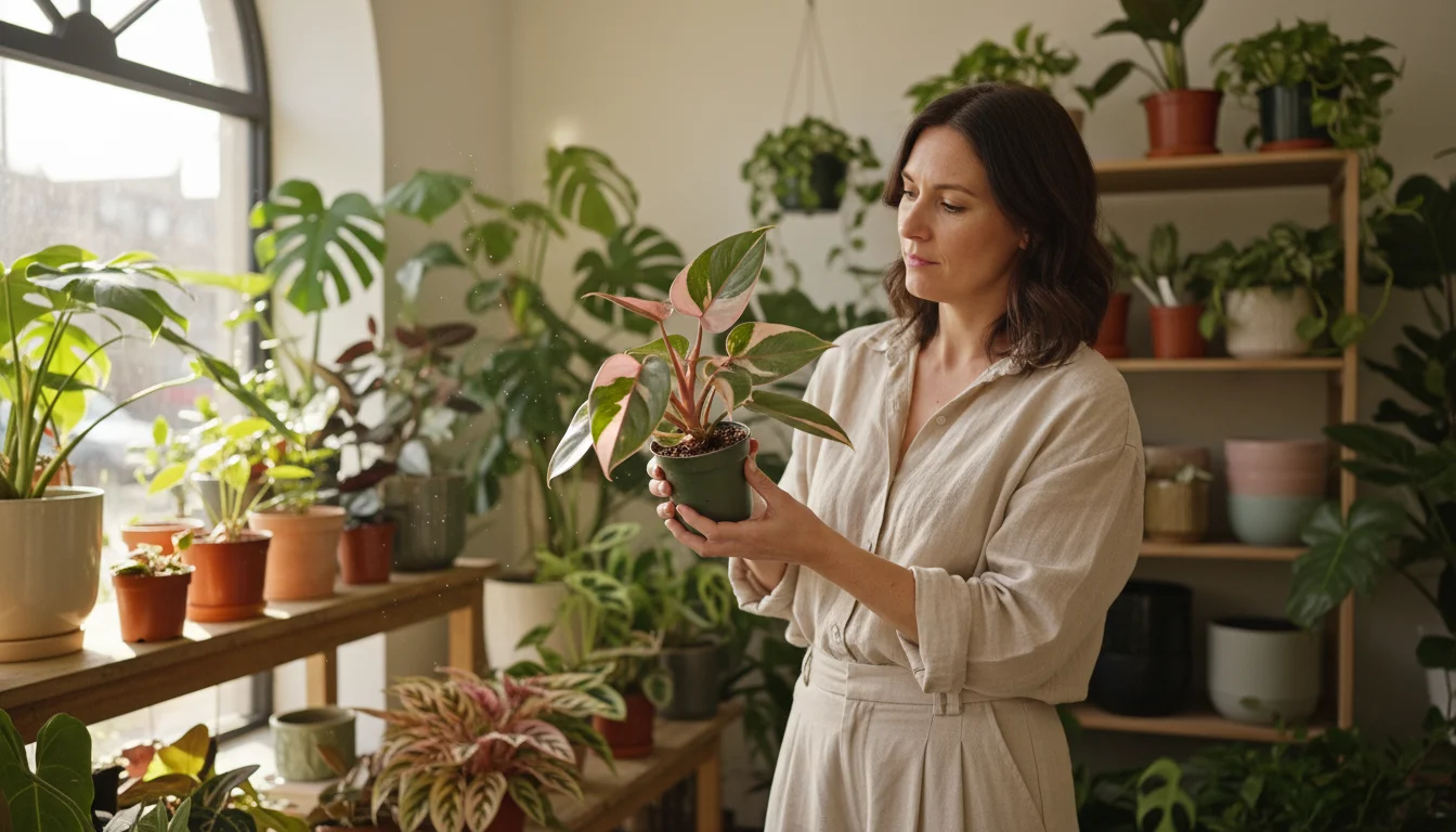 A woman thoughtfully examines a small, elegantly potted variegated houseplant at a bright, boutique specialty plant nursery.