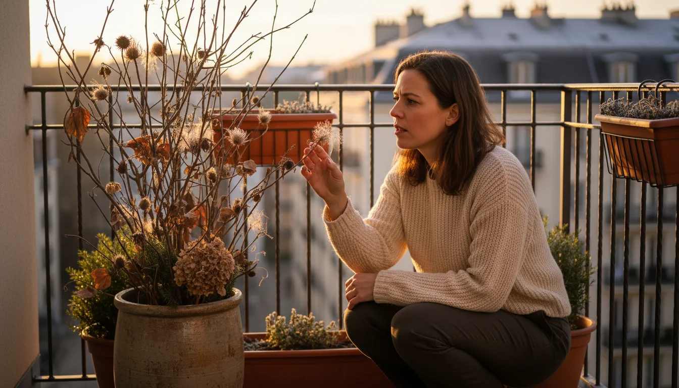 A woman thoughtfully examines a winter branch and seed head arrangement in a tall pot on a balcony during golden hour.