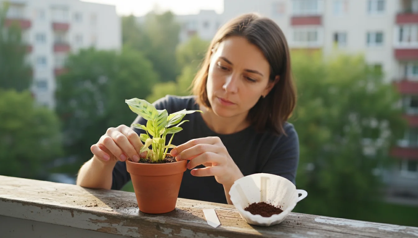 A woman thoughtfully inspects yellowing leaves of a small potted plant on a balcony, with discarded coffee grounds nearby.