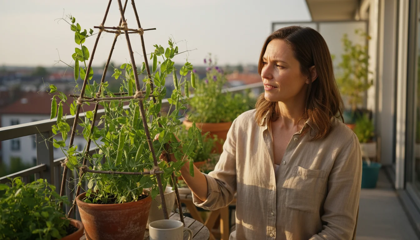 Woman thoughtfully observes a healthy sugar snap pea plant with a DIY trellis on a sunny urban balcony, surrounded by other potted plants.