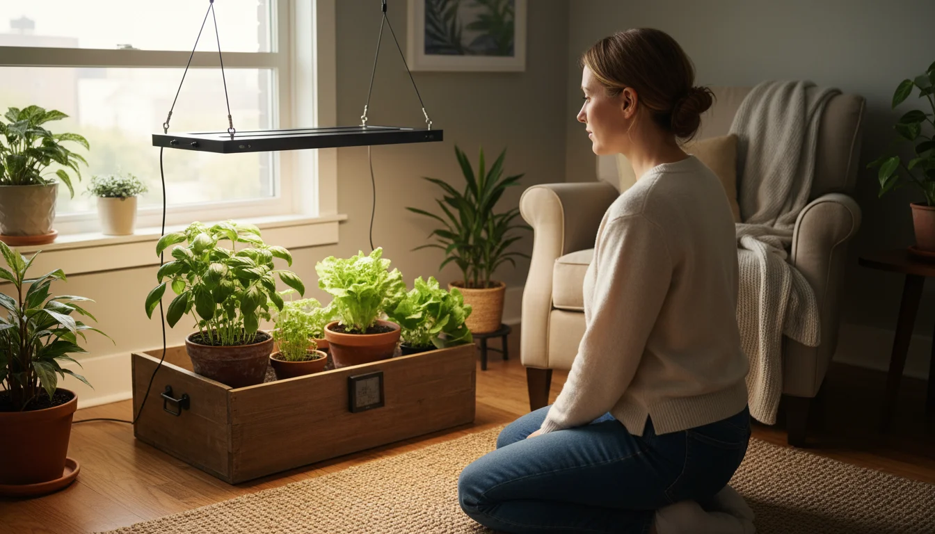 Woman thoughtfully observes a small indoor grow light setup with healthy basil and lettuce seedlings in terracotta pots.