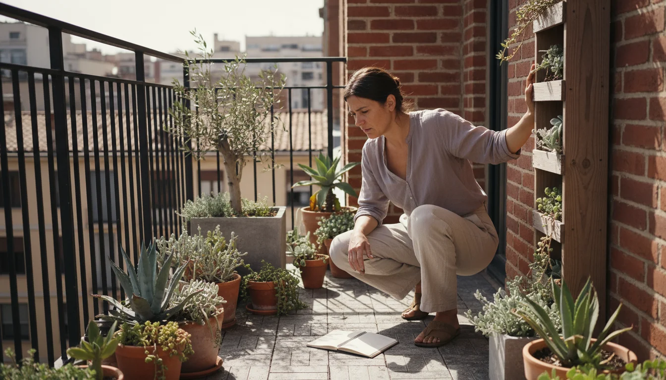 Woman thoughtfully observes sun and shadow patterns, and wall heat, on a small urban balcony with containerized xeriscape plants.