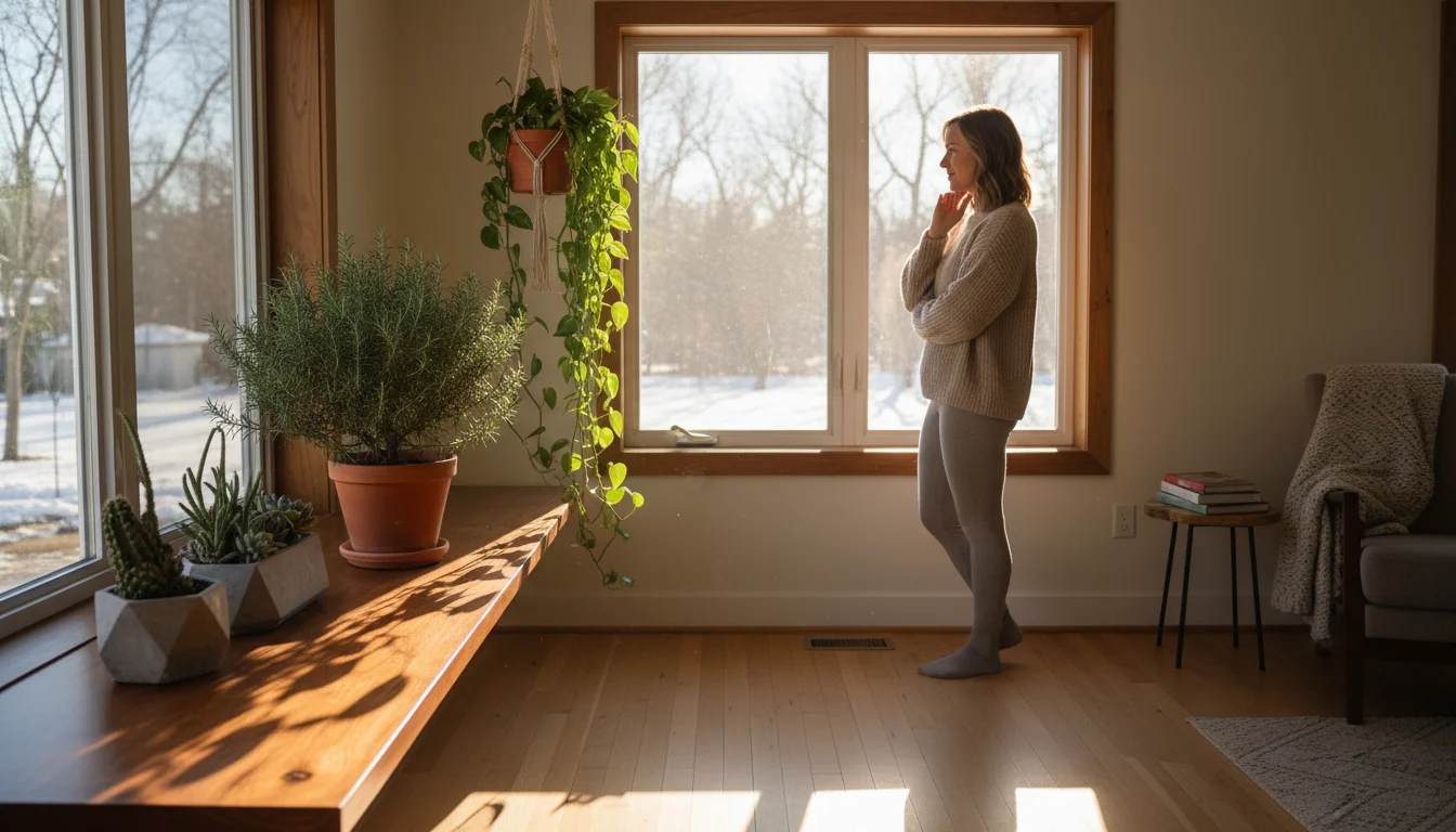 Woman thoughtfully observing low winter sunlight streaming through a south-facing window, illuminating potted rosemary, succulents, and a Pothos plant
