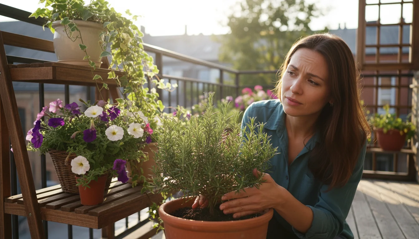 A woman thoughtfully touches the soil of a potted rosemary plant on a sunny balcony, surrounded by other container plants.