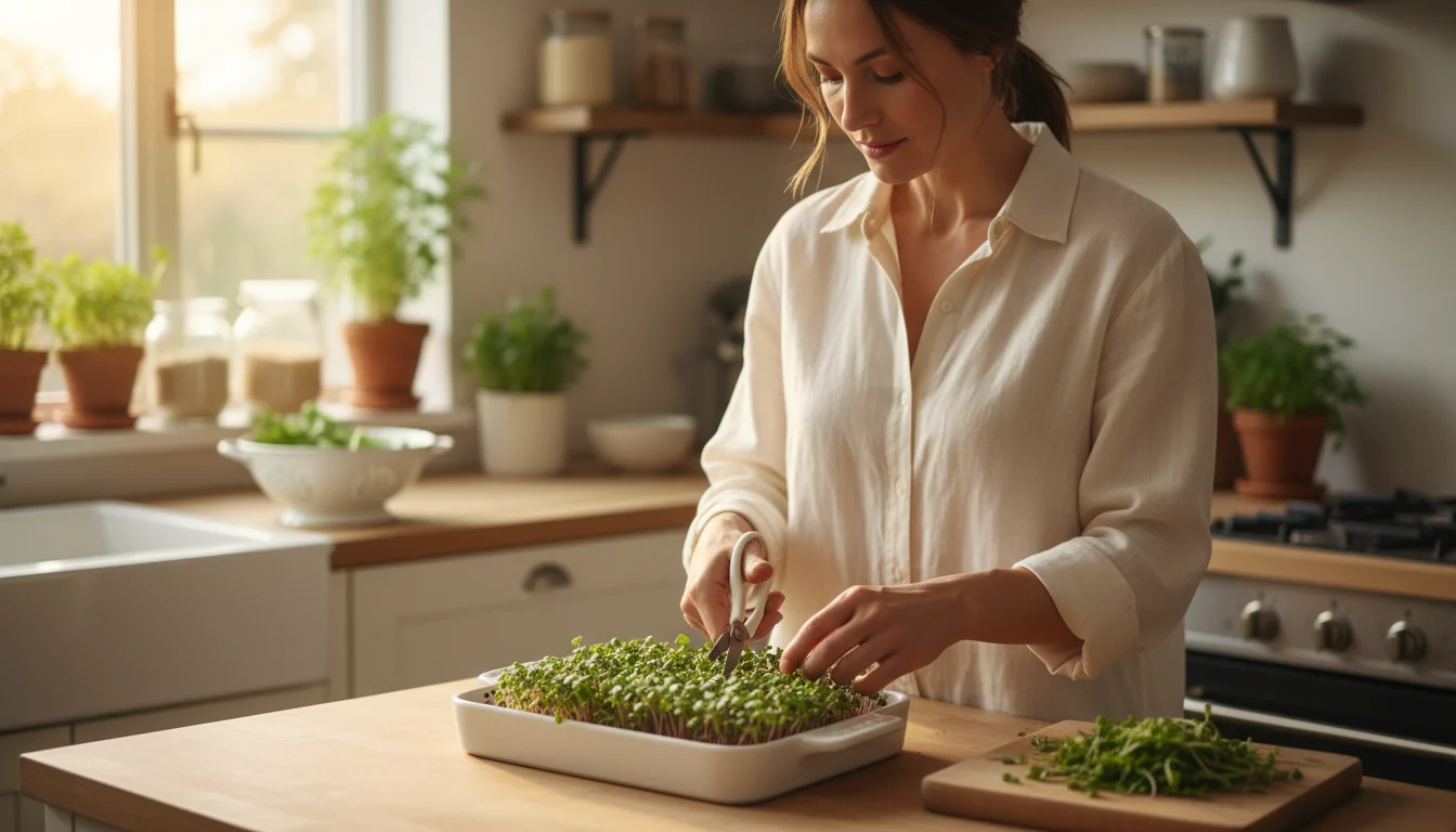 Woman gently trimming fresh radish microgreens from a white tray on her sunlit kitchen counter, with other microgreen trays in the background.