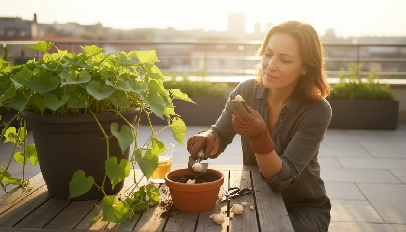 Woman unearths tiny sweet potato tubers from a small terracotta pot on a sunny patio, next to a large, healthy sweet potato plant.
