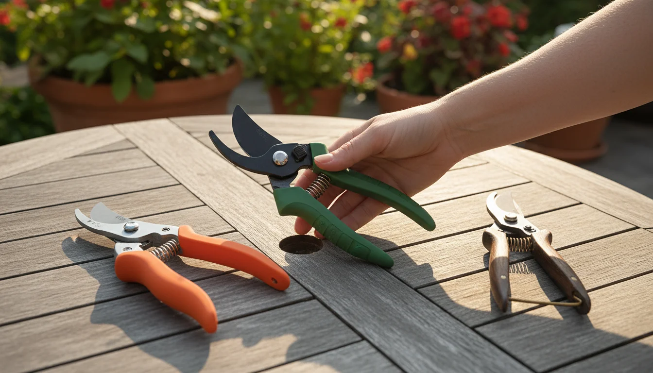 A woman's ungloved hand gently holds an ergonomic hand pruner on a weathered patio table, with two other pruners and blurred potted plants in soft lig