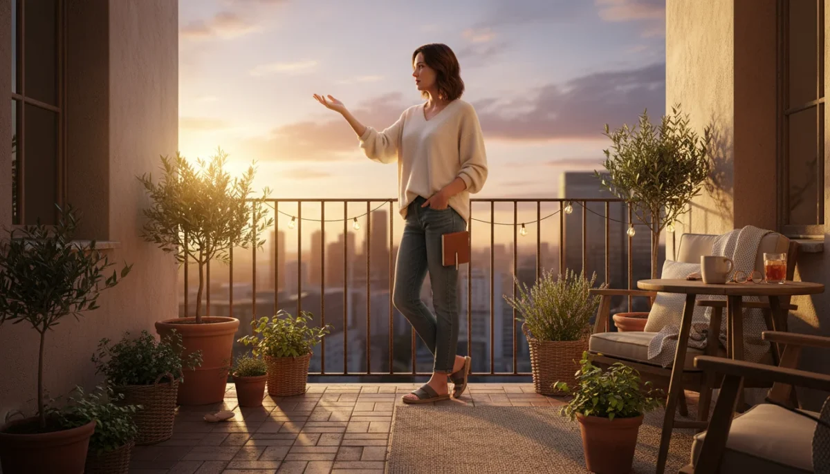 A woman on an urban balcony gauges the late afternoon sun, thoughtfully planning her small container garden layout before placing any pots.