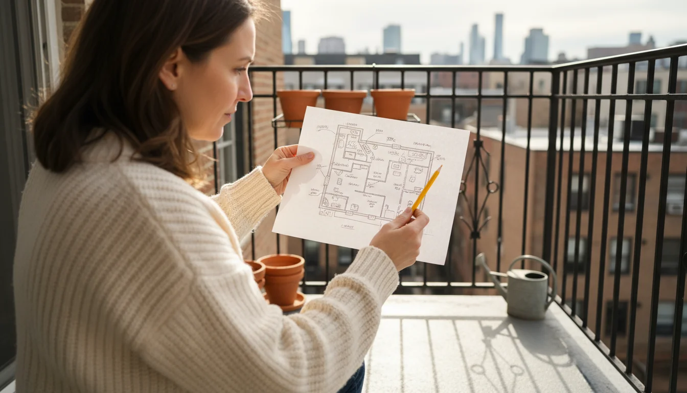 Woman on urban balcony holds a map, pointing a yellow pencil at a sun-drenched patch on the floor, mapping light.