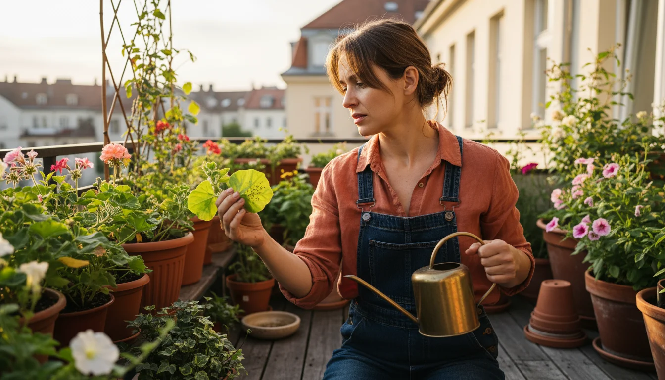Woman on an urban balcony, mid-watering, gently lifts a petunia leaf to reveal early aphid clusters on its underside. She looks concerned.