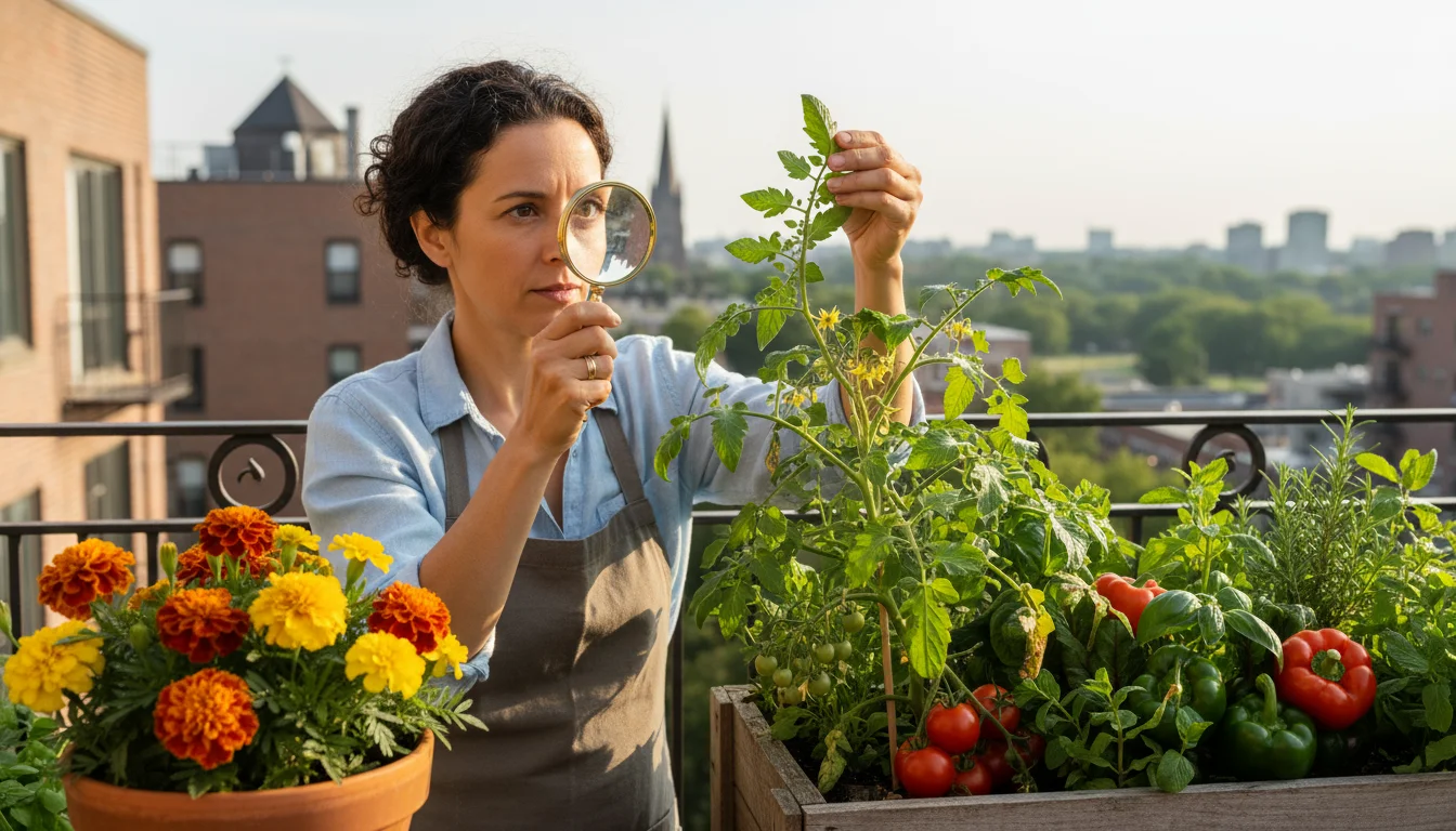 Woman on urban balcony uses magnifying glass to inspect a container tomato leaf, surrounded by healthy potted marigolds and various herbs.