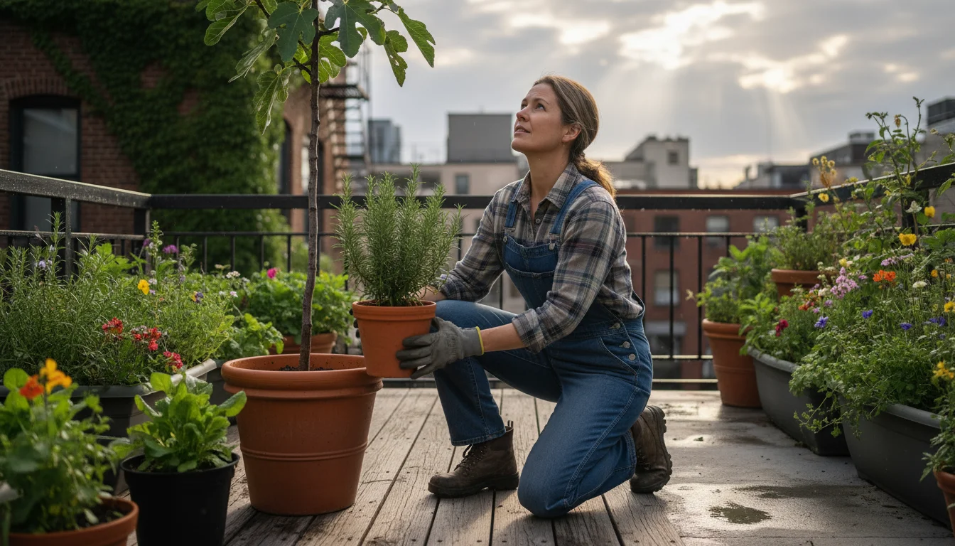 A woman on an urban patio secures a potted rosemary plant, looking up at a partly cloudy sky, with a smartphone on a nearby table.