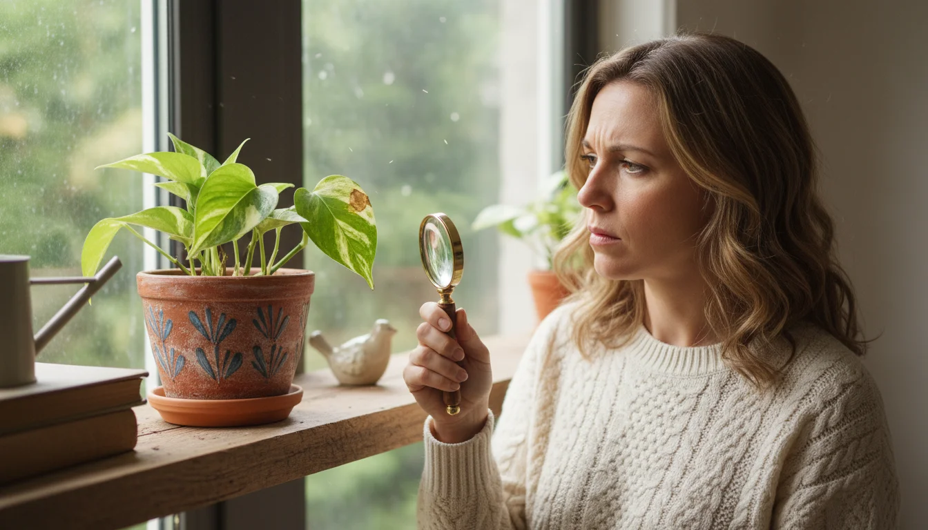 A woman uses a magnifying glass to closely inspect a leaf of a Pothos plant in a ceramic pot on a wooden shelf, checking for pests.