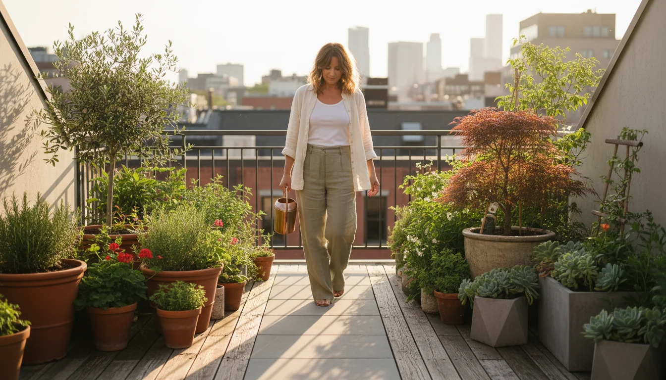 A woman walks along a clear, wide pathway between container plants and a bistro chair on a sunlit urban balcony, carrying a watering can.