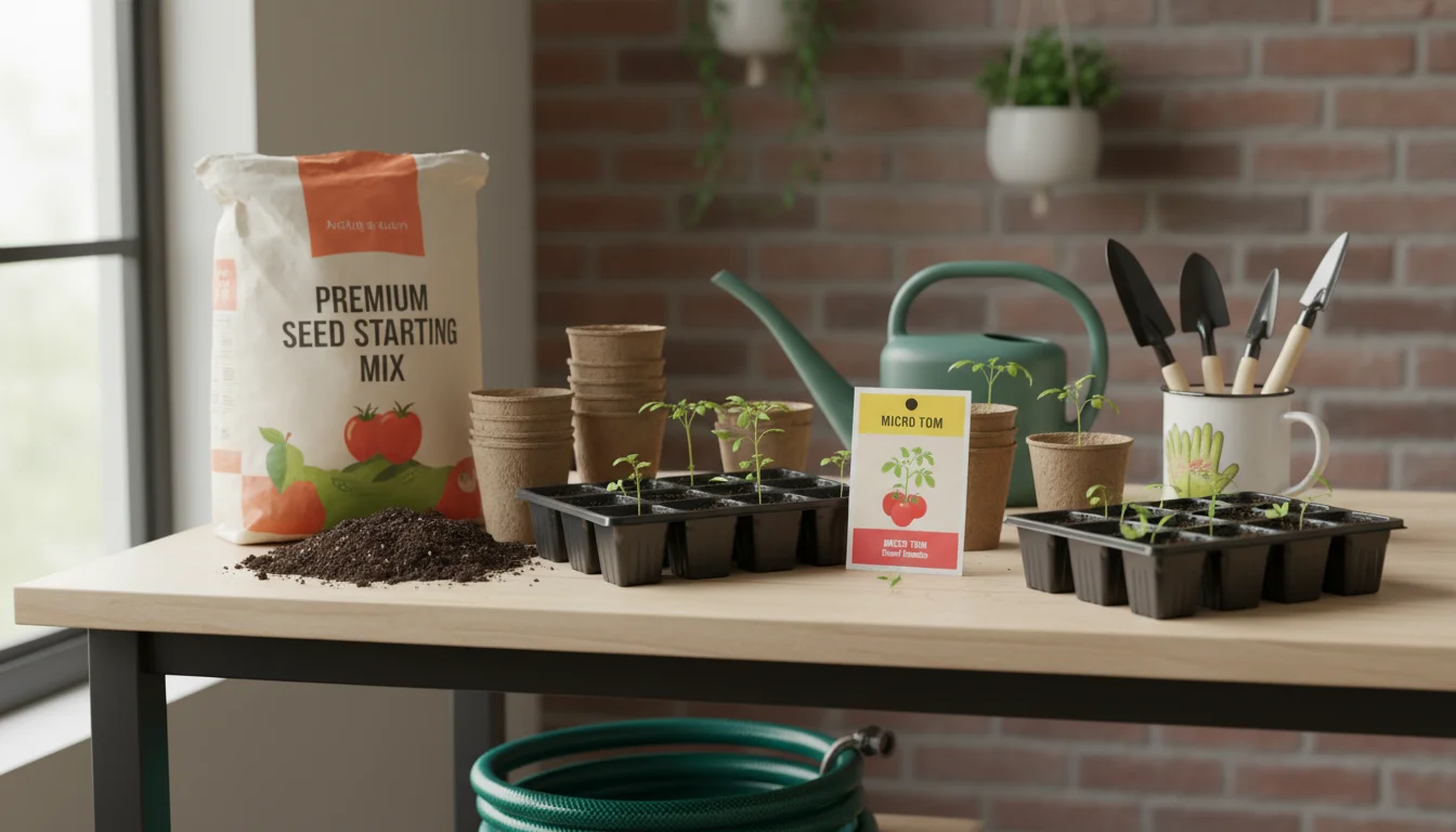 A wooden table displays dwarf tomato seeds, seed starting mix, peat pots, and a watering can, organized for planting seedlings.