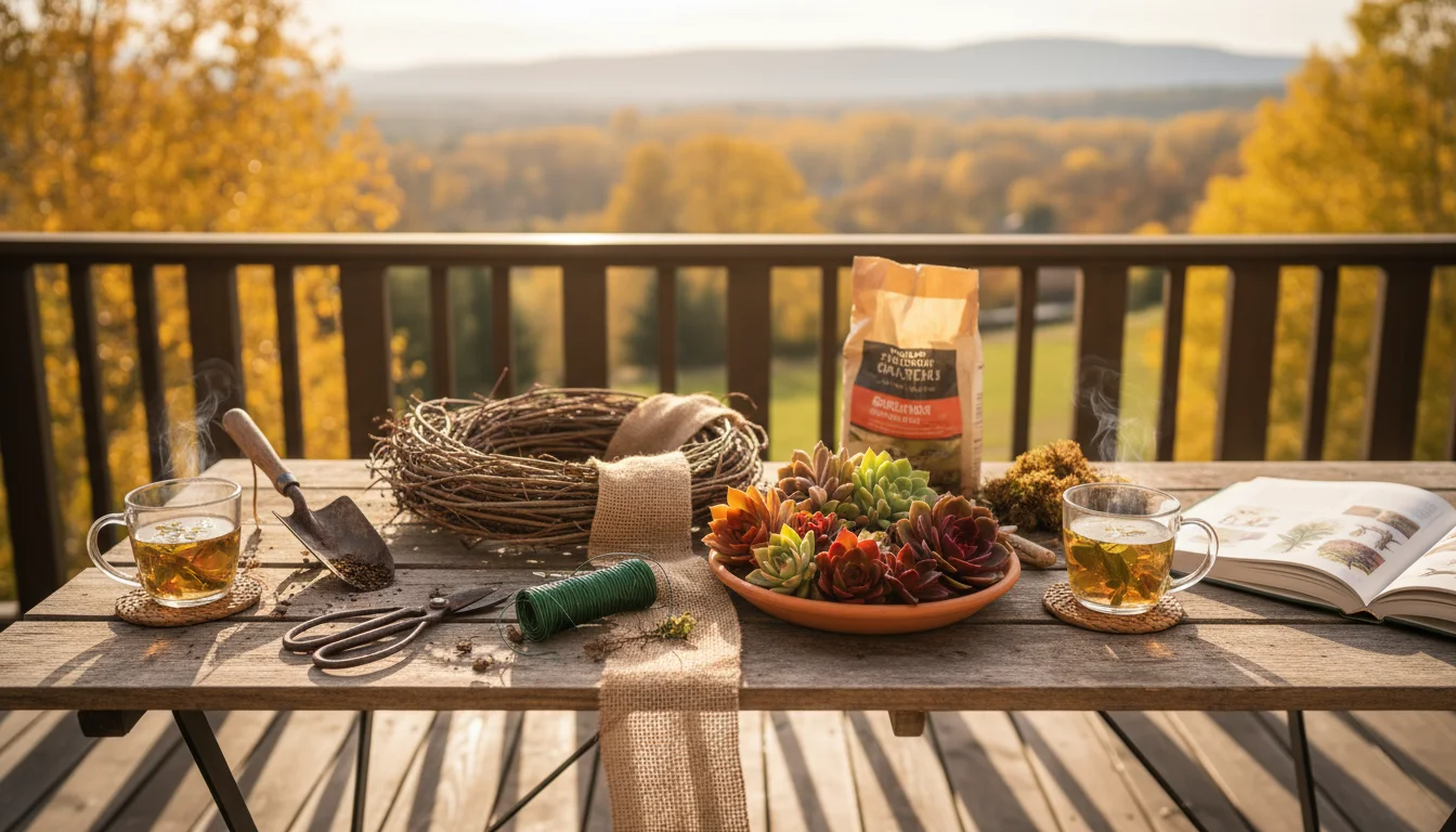 An overhead view of a wooden table holding colorful succulent cuttings, a moss wreath frame, sphagnum moss, floral wire, and small gardening snips.
