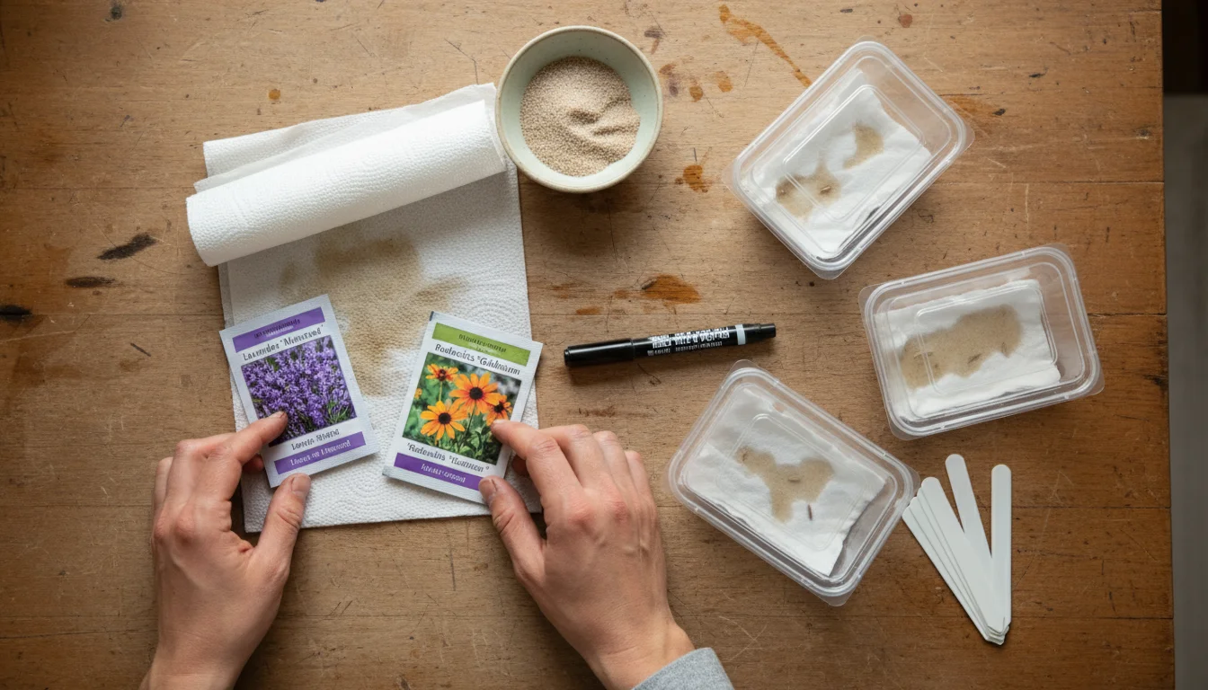 Overhead view of a wooden table with seed packets, paper towels, horticultural sand, plastic containers, and a marker, arranged by hands.