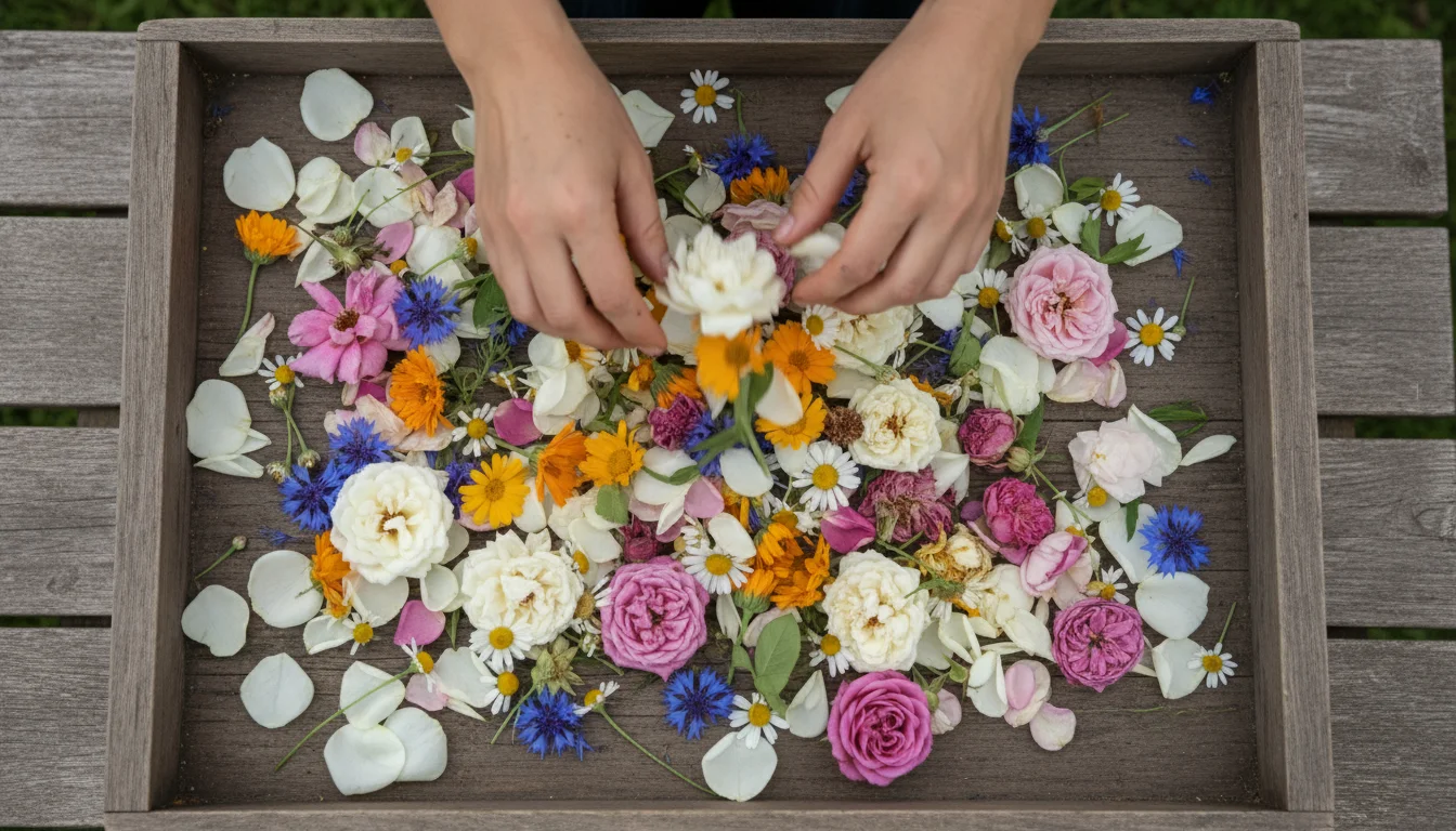 A wooden tray holds fresh rose petals, calendula, chamomile, and cornflowers being sorted by hands.