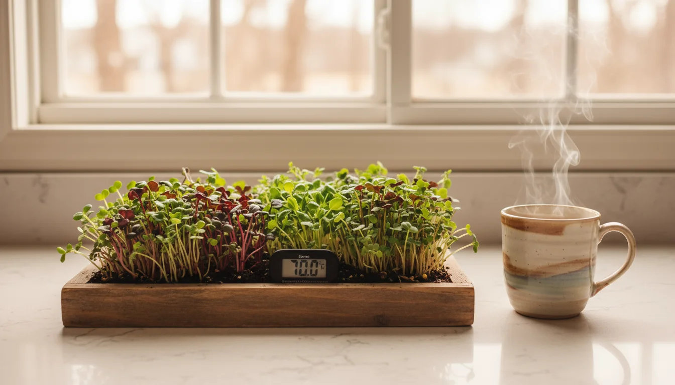 A wooden tray of lush microgreens on a kitchen counter, with a digital thermometer reading 70°F nestled in the soil.