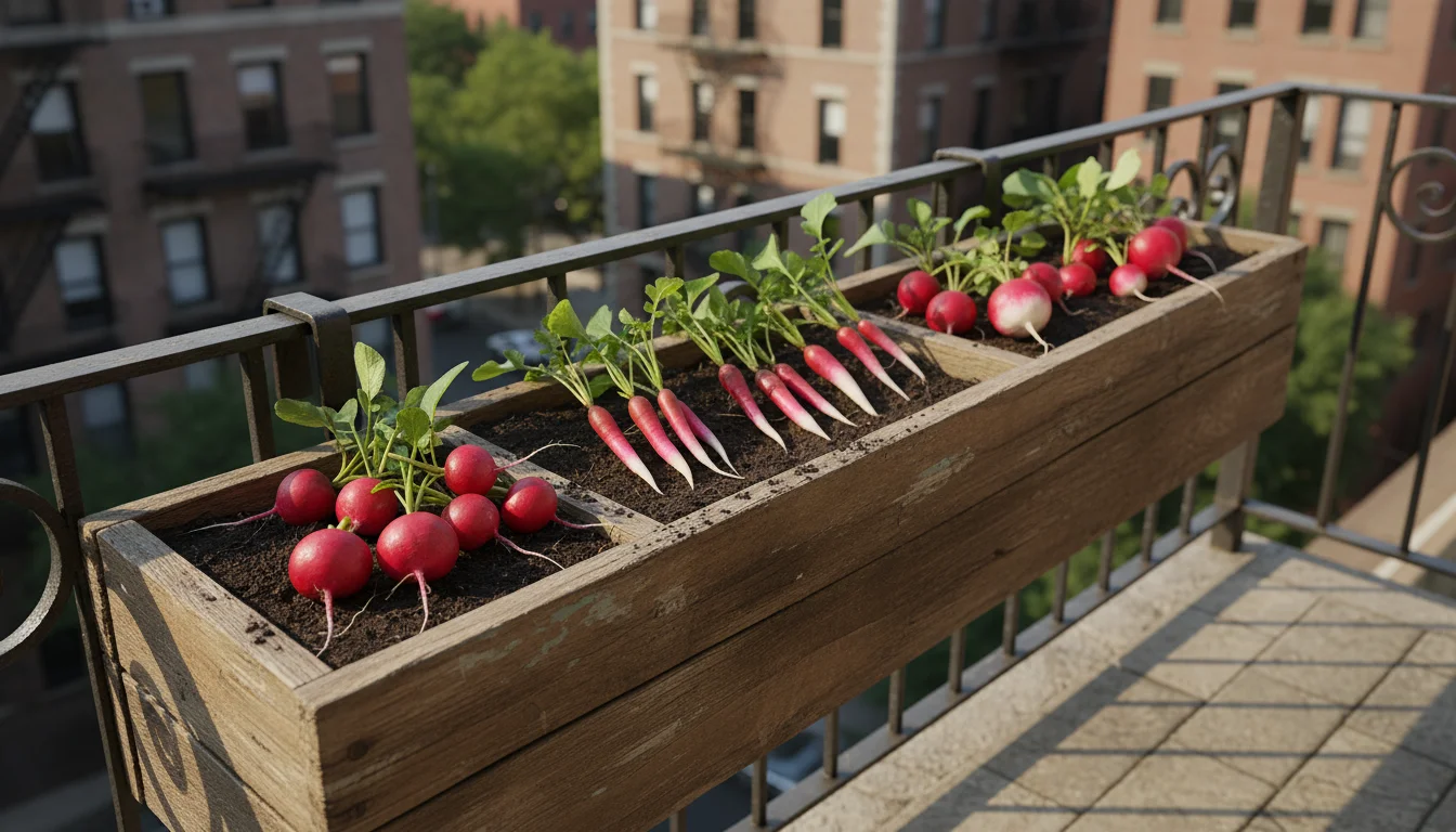 A wooden window box on a balcony displays three different radish varieties: round red Cherry Belle, elongated French Breakfast, and red-white Sparkler