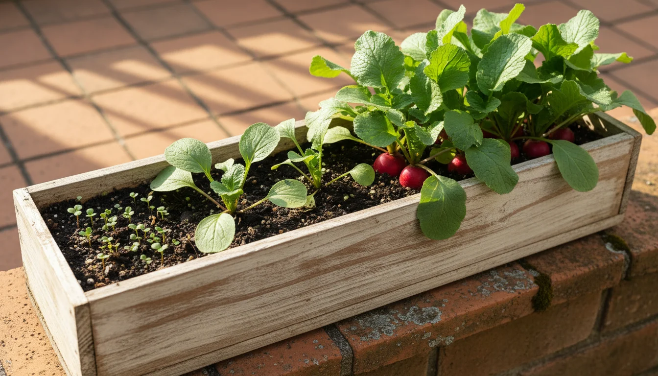 Wooden window box on a patio ledge showing radishes at various growth stages, from sprouts to mature plants ready for harvest.